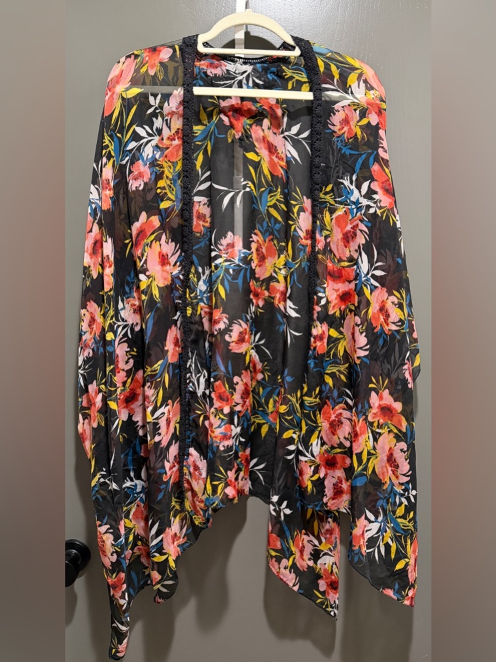 Floral Black Sheer Kimono Cardigan - Pink & Yellow Blooms